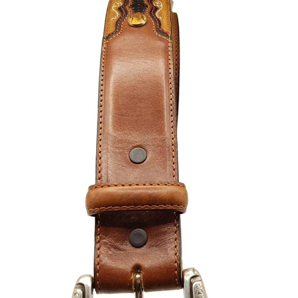 Tony Lama Brown Leather Belt 36 Topaz Crystal Stud Western Overlay Stitched Boho